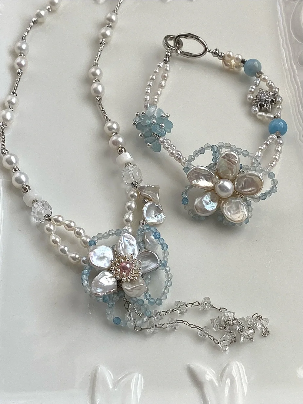 GP90-Handmade Aquamarine And Flower Petal Pearl Necklace And Bracelet Set
